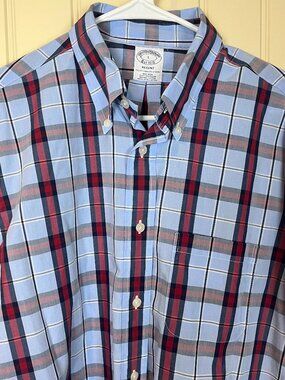 Brooks Brothers Regent Non-Iron Men's Long Sleeve Shirt Size L Blue Red, Plaid